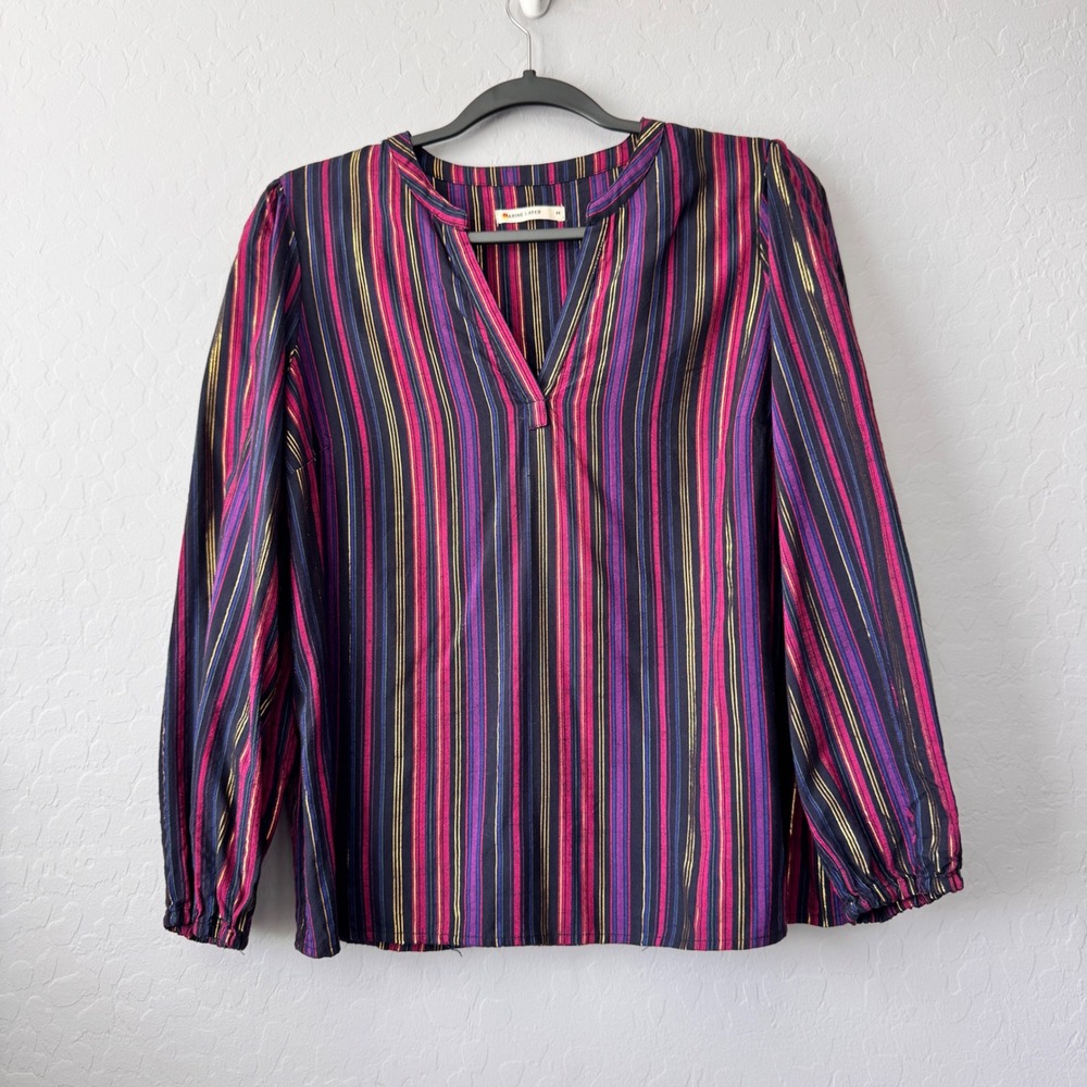 Marine Layer Medium Blouse Multi Long Sleeve Metallic Stripe Split Neck 14854